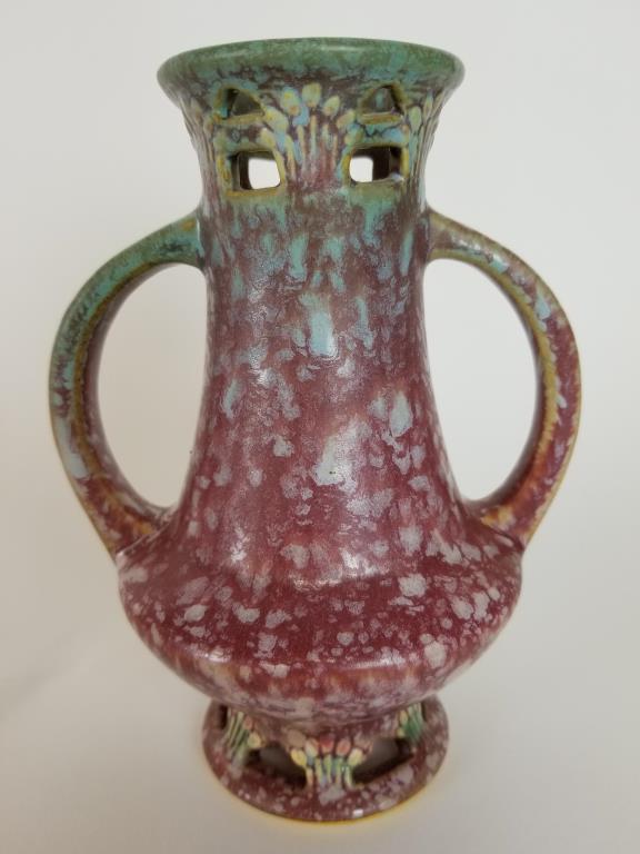 Roseville Ferella 2 Handled Vase: rare Roseville Pottery 6 inch handled Ferella pattern vase.