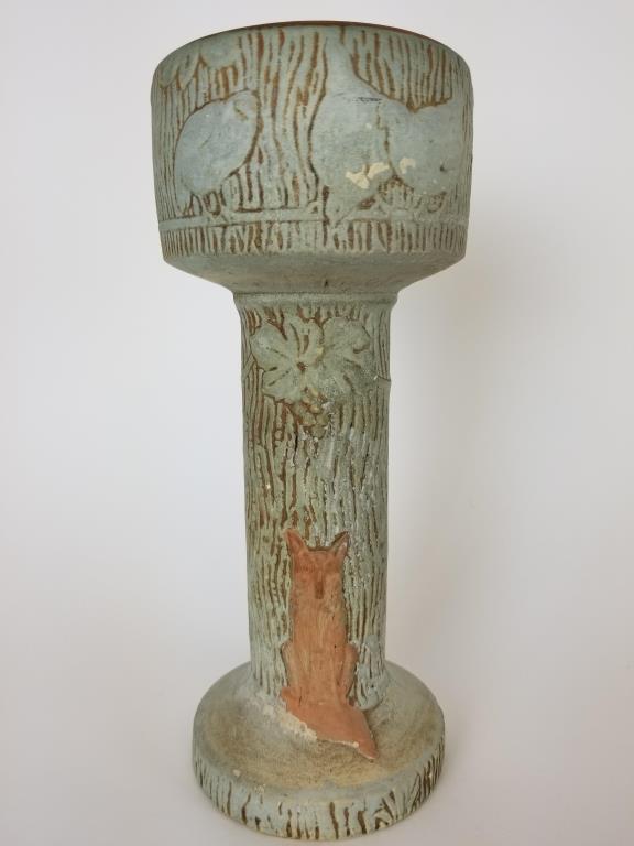 Rare vintage Roseville Sylvan vase: rare early Sylvan pattern example, Roseville Pottery 9 1/2 inch tall vase, depicting fox and chickens