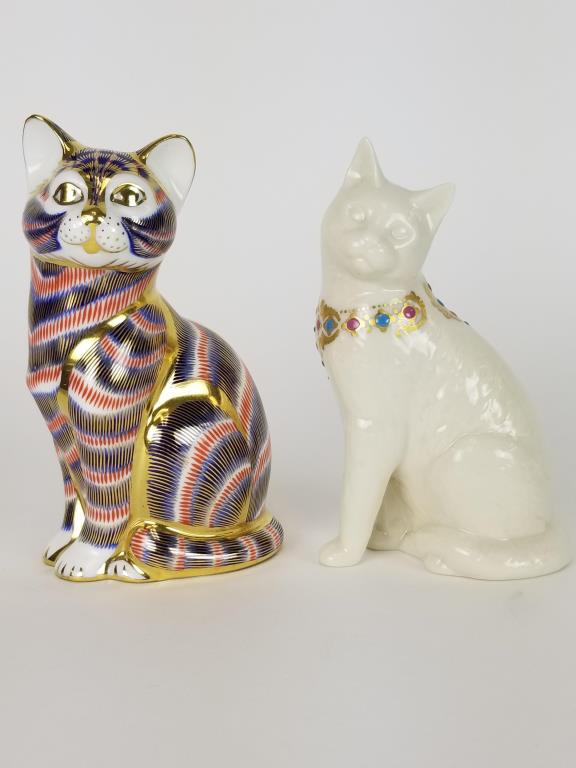 Royal Crown Derby and Lenox Cat figures: Royal Crown Derby Imari cat figure and a Lenox Jewels Collection cat figure. Each approx 5 inches tall.