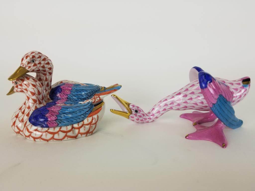 Herend ducks and goose figurines: pair of ducks and a goose, both in fishnet pattern. Rust fishnet ducks are 4 inches long, pink fishnet honking goose is 5 inches long.