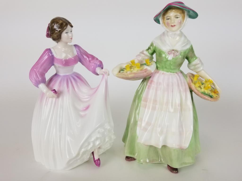 2 Royal Doulton figurines: Ashley and Daffy Down Dilly. Taller one measures 8 inches high