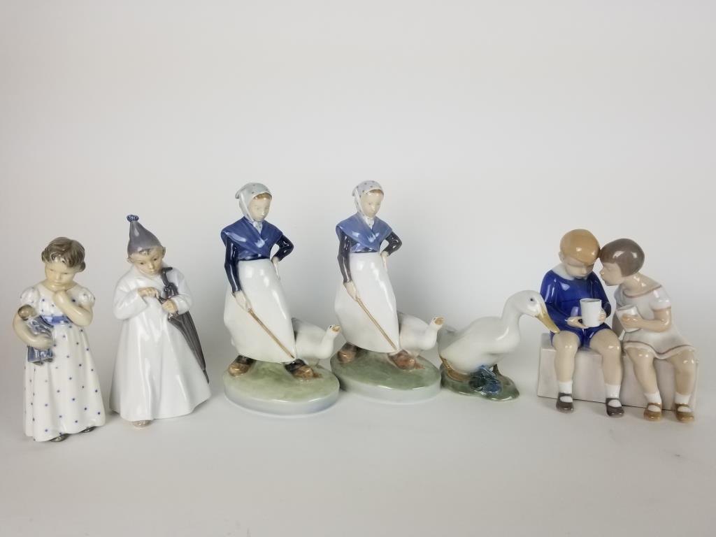 6 Royal Copenhagen and B&G figurines;: 2 variations of the girl with goose figure 528 , goose figure 1192, Sandman 1145 and Girl with doll 3539. Also a B & G Denmark seated girl and boy figure. Tallest ones measure 7 inches high. Sandman h