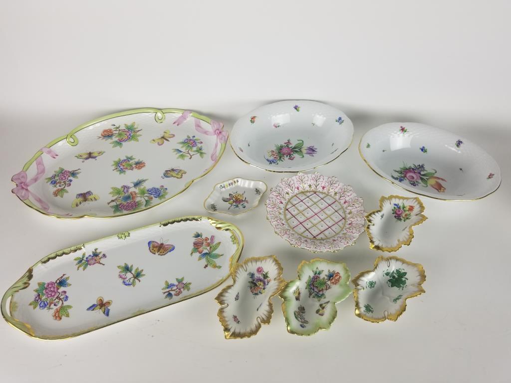 Lot of Herend China dishes: 10 pieces in this lot. 2 oval bowls, large serving platter, small oval serving dish and 6 small dishes. Largest piece measures 16 inches x 11 inches. Various patterns.