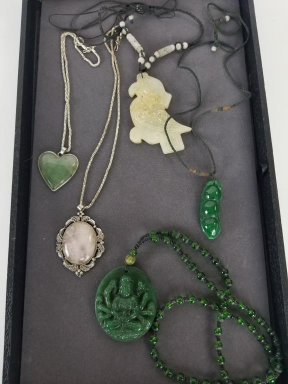 5 carved stone necklaces: soapstone bird pendant measures 3 inches tall.