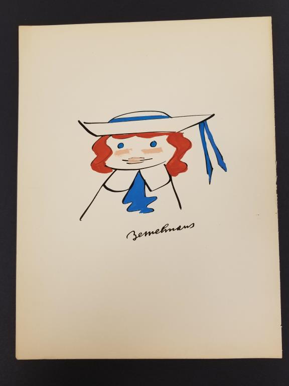 Ludwig Bemelmens Madeline: Original watercolor and ink painting of beloved children’s book character, Madeline by Ludwig Bemelmans. The image of the book’s main character, famous for the red hair under her cap and h