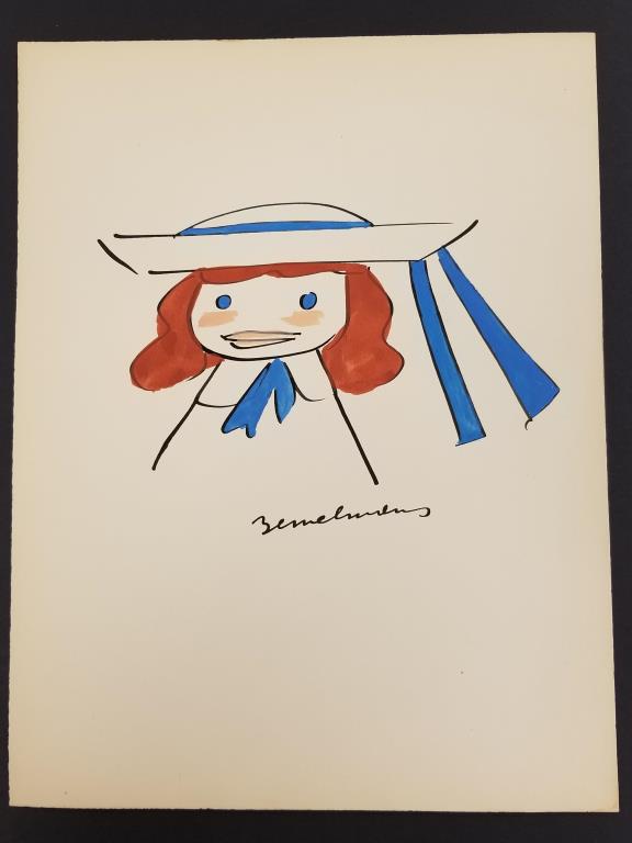Ludwig Bemelmens Madeline: Original watercolor and ink painting of beloved children’s book character, Madeline by Ludwig Bemelmans. The image of the book’s main character, famous for the red hair under her cap and h