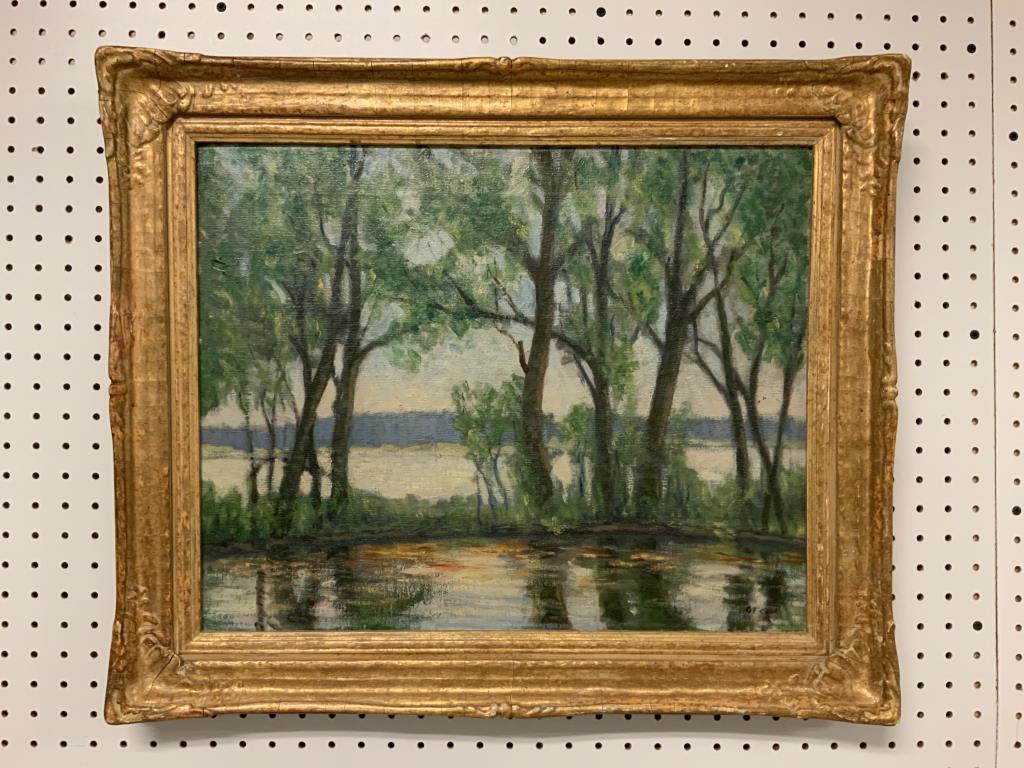 Glayds Emerson Cook, Oil on canvas: Untitled, 24 x 24, frame has a Newcomb-Macklin label, has a repair on left front center 1899 - 1976. Bio Gladys Emerson Cook (1899-1976) perhaps best known for her delightful drawings of dogs, many of