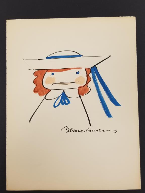 Ludwig Bemelmens Madeline: Original watercolor and ink painting of beloved children’s book character, Madeline by Ludwig Bemelmans. The image of the book’s main character, famous for the red hair under her cap and h