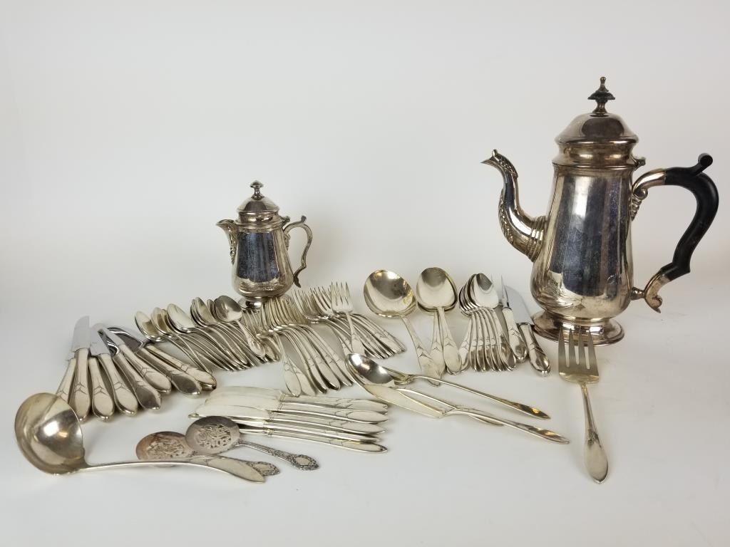 Silverplate flatware set and pitchers: Community plate, 6 piece eight place settings, plus serving pieces and extras, for a total of 72 pieces. Coffee pot is marked Leonard on the bottom. Creamer is not marked.