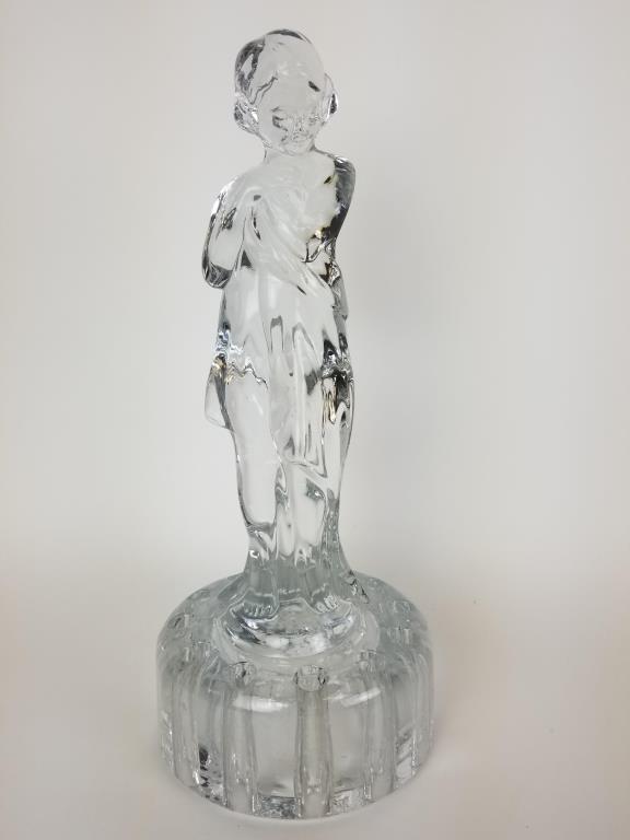 Cambridge Draped Woman glass flower frog: 1930s glass flower frog, by AJ Bennett of Cambridge Glass Co. Measures 12 inches tall.