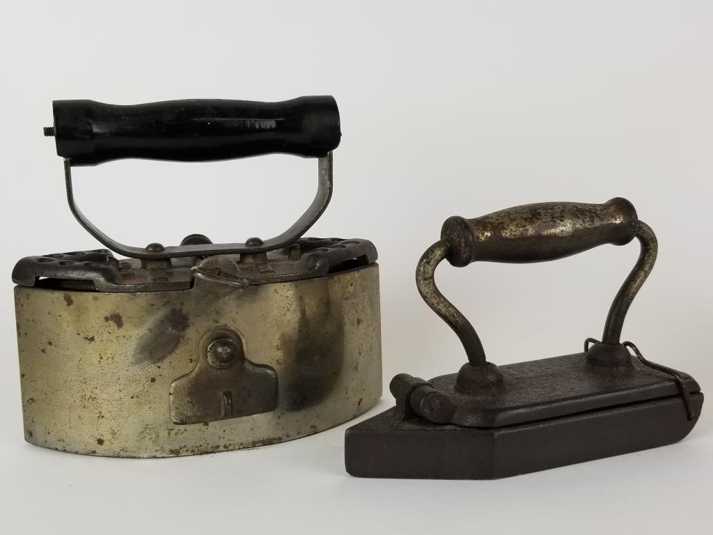 2 antique sad irons and crimper: Wood handle iron, patent 1914-1916, measures 6.5 inches tall. Smaller one opens to use as a crimper also.