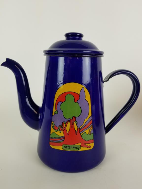 Vintage Peter Max Enamelware Tea Pot: Peter Max Psychedelic Enamelware Tea Pot with cover. Measures 8.5 inches tall. Lid is chipped.