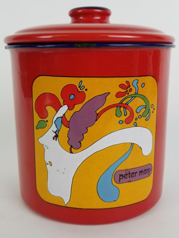 Vintage Peter Max Enamelware Canister: Peter Max Psychedelic Enamelware canister. Measures 6.5 inches tall. Some edge chips.