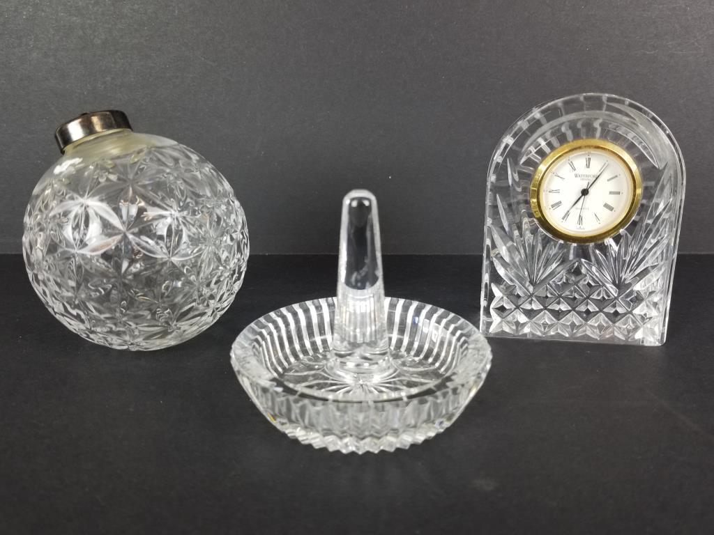 Waterford Crystal clock, ring holder & ornament: Waterford Crystal clock measures 3 1/2 inches tall. Waterford ring holder and ornament. Ornament is marked, 2000 Times Square.