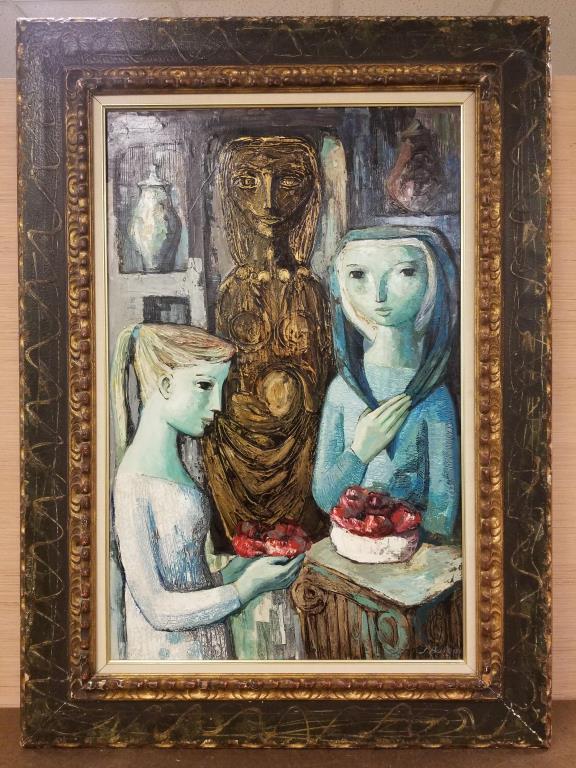 Original signed Jose Buigas oil painting: Original oil on canvas by Jose Buigas. Image measures 38.5 inches high x 25 inches wide. Frame has some chips.
