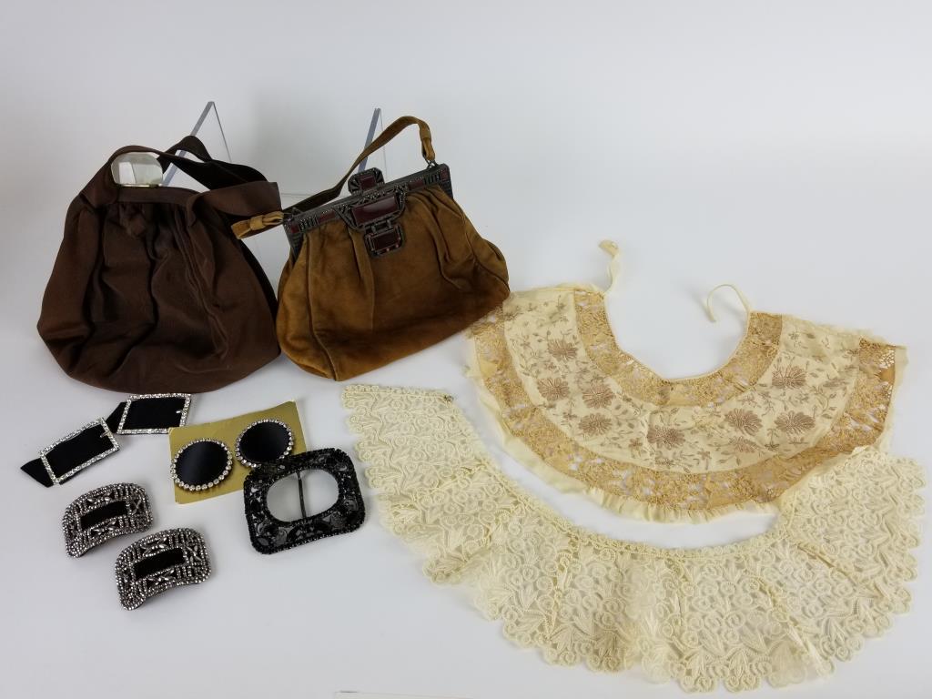 Vintage purses & accessories: Vintage Sterling Silver Marcasite frame German handbag. Brown grosgrain JR handbag with lucite closure. 2 lace collars. Rhinestone slide and 3 sets of shoe chip embellishments. Sterling purse measures