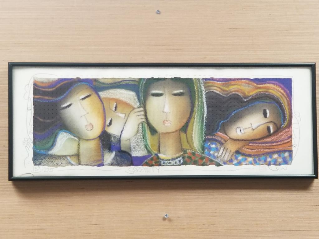 Serenity print, artist signed: Framed print, Serenity. Signed by artist and pencil drawn art around edges of the print. Artist name is Ler? Numbered 152/275. Image measures 9 inches high x 24 inches wide. The glass has a small crac