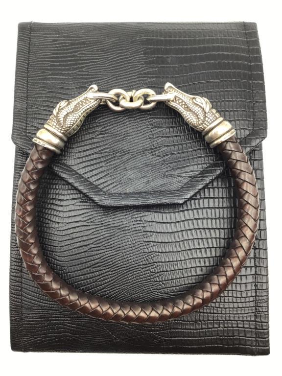 Fabulous Barry Kieselstein Alligator Choker: authentic vintage hallmarked sterling silver alligators and twisted brown leather choker, 16 inches long, each alligator with ring is 2 inches long, comes with a black case that may not be original