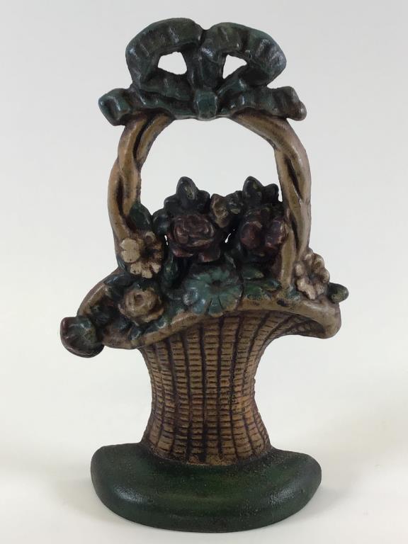 Antique Cast iron flower basket doorstop: 10.5 inches tall