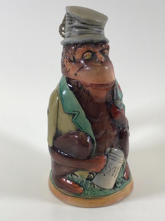 Matthias Girmscheid German beer stein monkey with: top hat; #828, monkey with pipe, 8.25 inches tall, nice condition