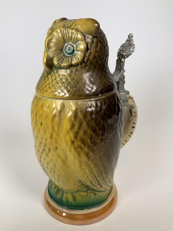 Rare yellow owl figural Stein number 740: E. and RW Germany, 8 inches tall, marked on the bottom number 740, Germany.
