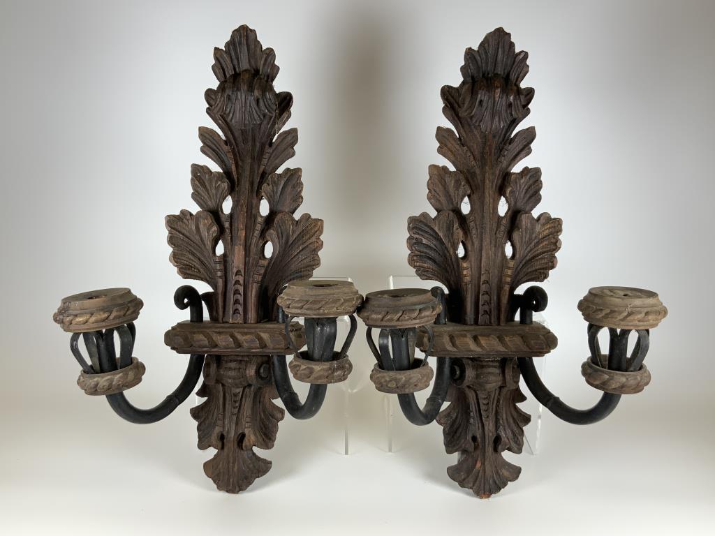 19th Century carved wooden wall sconces: fleur-de-lis, 19.5 inches long x 11 inches wide x 6.5 inches deep, each sconce holds two candles, some old repair as seen in photos