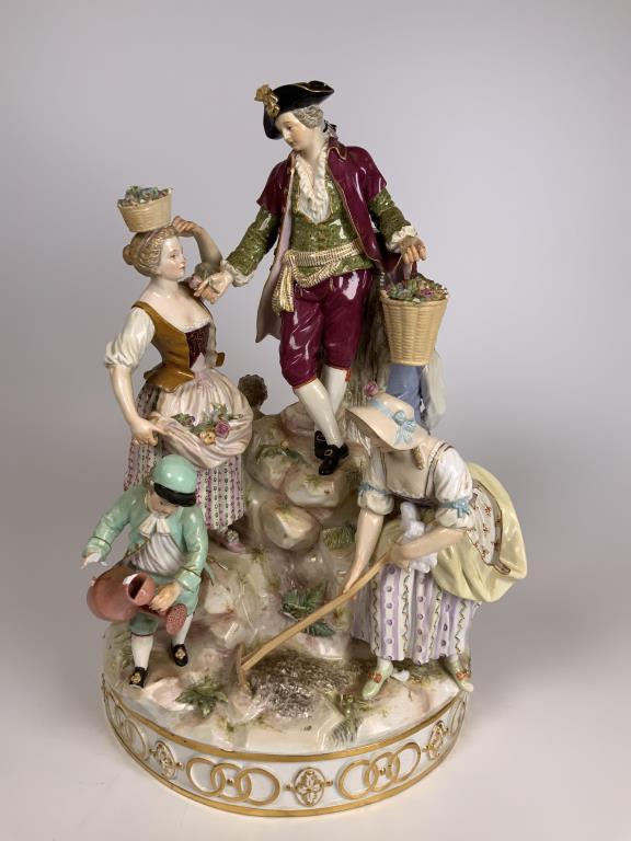 Meissen porcelain grouping: 6 figures in various gathering scenes, #143, marked with cross swords, 12 inches tall x 7 inches diameter, as is, see photos