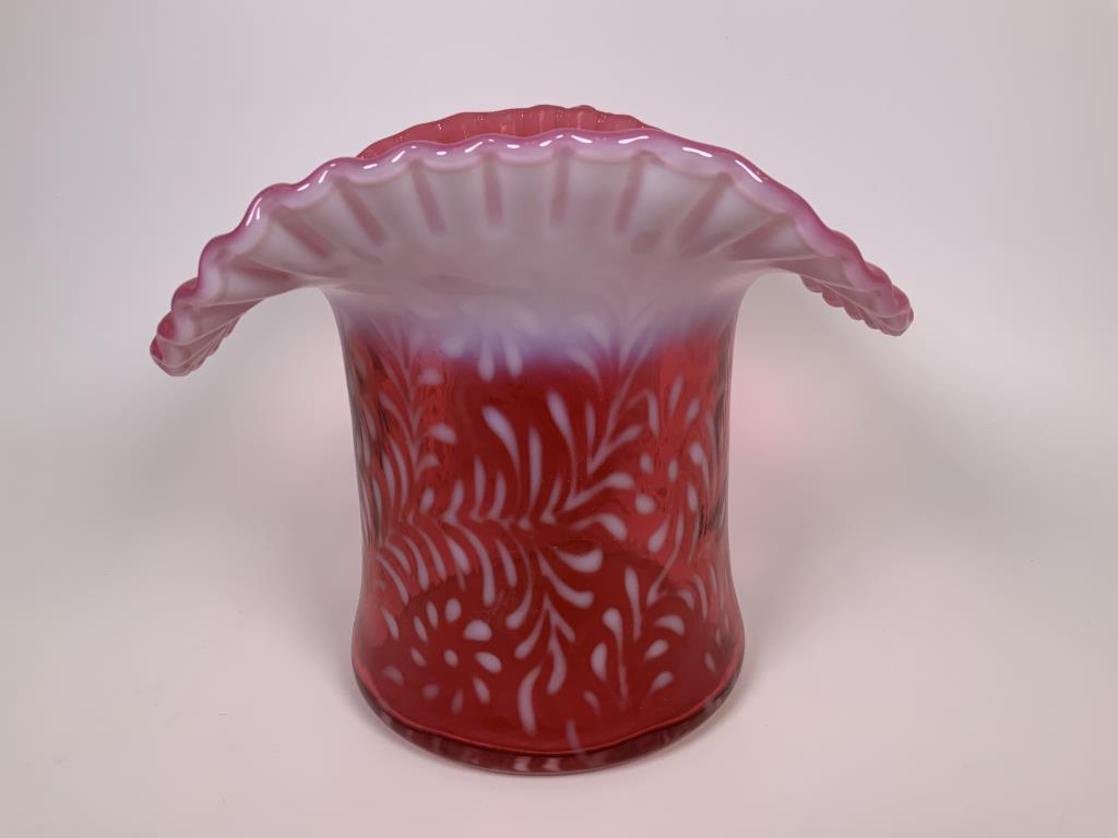 Fenton Daisy & Fern cranberry opalescent vase: Hat shaped vase, 7.75 inches tall, 9.5 inches wide.
