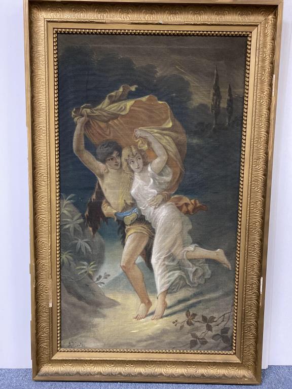 Large oil on canvas, Fleeing the storm: Signed on lower left, frame in as is condition. 46 1/2 inches tall, 26.5 inches. Frame is missing some pieces.