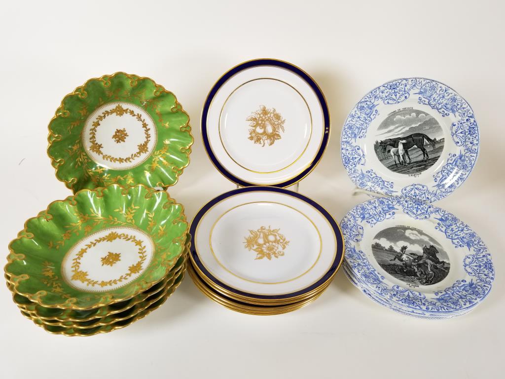 Tiffany, Spode, T&V and horse china: Six 8-inch Spode China for Tiffany & Co plates, they have scratches from use. Five 7.75 inch diameter scalloped T&V France china bowls, they have some wear from being stacked and one has an edge chip.