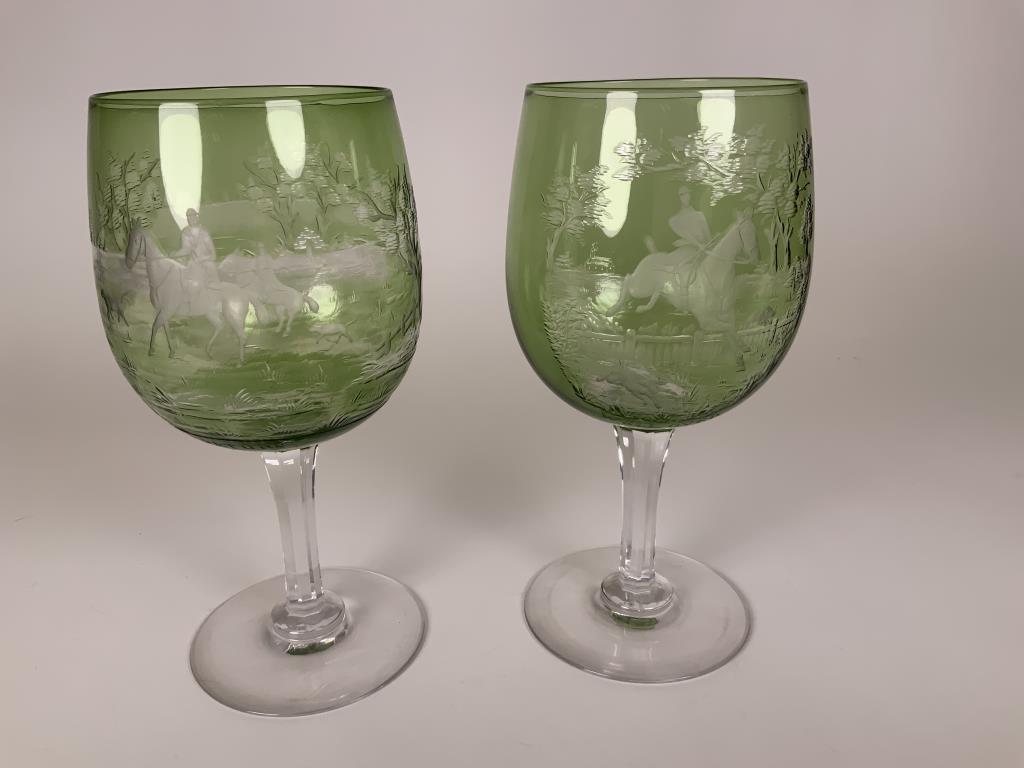 Green Cut to Clear Fox Hunt Goblets bottom stamped: bottom stamped Tudor Made in England, 7.25 inches tall, 3.25 inches wide.