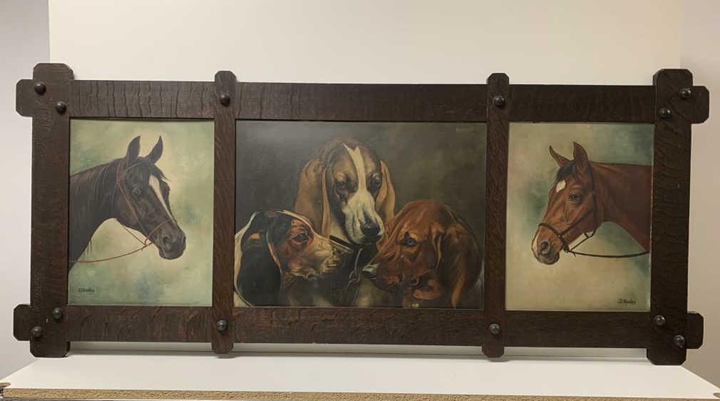 JD Molaskey Large oil on academy board tryptych of: of horses and sport hounds, set in quarter-sawn oak mission frame, Each panel is signed by the artist, Frame size 65 inches long x 27 inches tall, center painting is 17.5 inches tall x 24 inches wide,