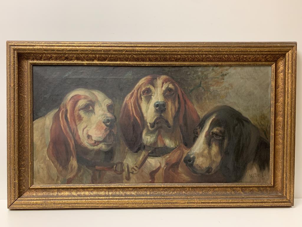 M. Peters ‘65 early oil on canvas of 3 sport: hounds; Beautiful detail of three sporting dogs, two brown and white dogs, one black and white dog, artist signed lower right corner, dated 65, set in early weavers art shop gilt frame, Small indentat