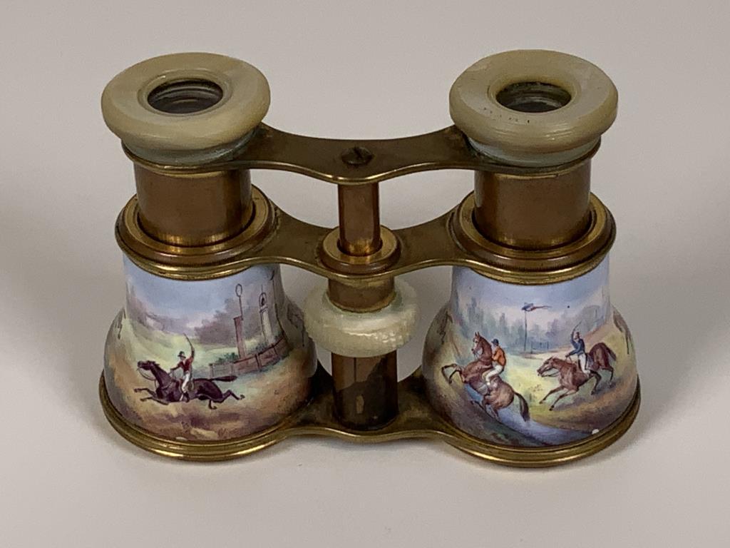 Bardou Fills Esquestrian binoculars / opera glasses;: glasses; brass opera, theatre, viewing glasses, enamel panoramic Steeple Chase scene, mother of pearl, 3 x 4 inches. Engraved Lulu on nose piece.