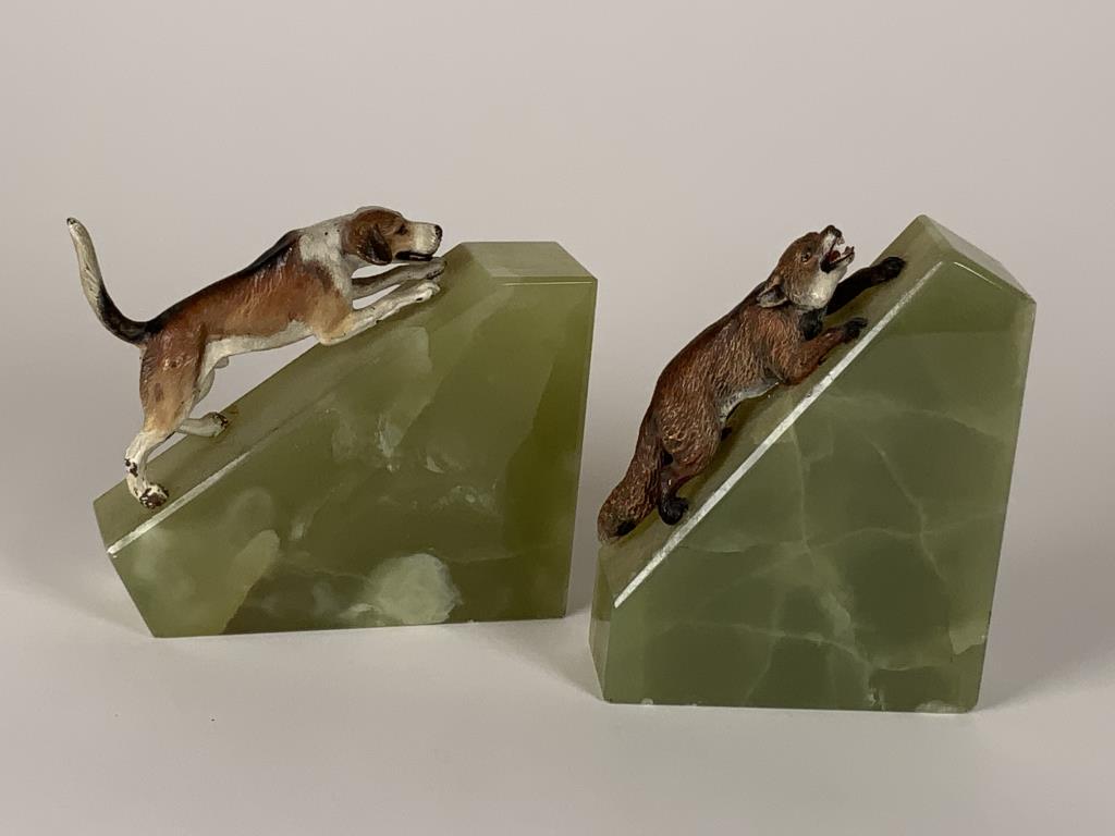 Austria cold painted bronze fox & hound bookends on: on onyx, 3.25 - 4 inches tall. Hound is loose as seen in photos, some chips.