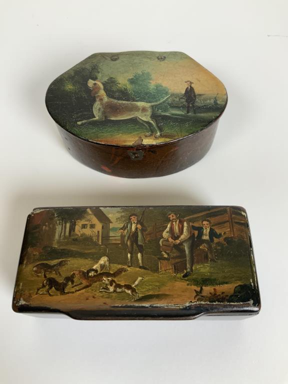 2 Early Lacquer hinged boxes trinket or pill boxes,: trinket or pill boxes, rectangular features hunters and dogs, 3.5 x 1.5 inches, hinged, chip on front and age wear, hunter and dog hinged box, 3.5 x 2.25 inches, chipped top edge.