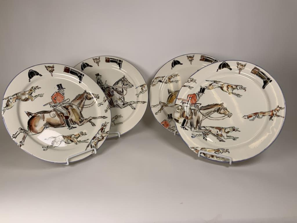 Hand Painted Foxbrook Farm plates painted by Fred: painted by Fred Baldus, dated ‘93, 11.25 inch. They have small flakes on plate rims.