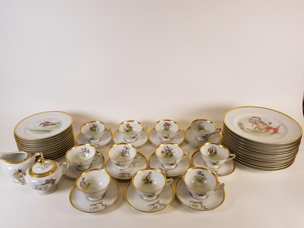 H & Co Heinrich Parforce China set 4-piece service for: 4-piece service for 11. Each setting includes a 10-inch dinner plate, 8-inch bread & butter plate, teacup and saucer. Includes covered sugar & creamer, plus one extra bread & butter plate. Hand painte