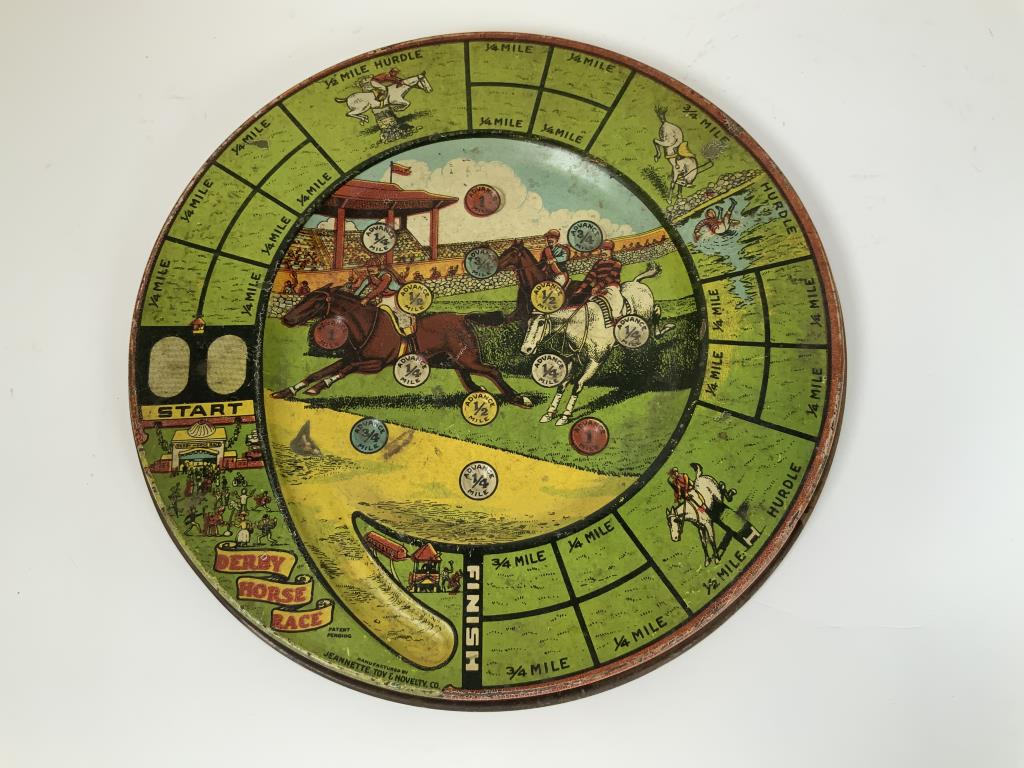 Horse Derby Race Antique Metal Game Board metal game: metal game board made by Jeanette Toy & Novelty Co, 10.5 inches. Shows age.