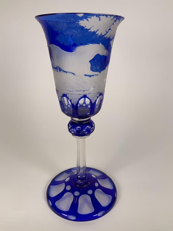 Blue Cut to clear chalice horse and sport dogs, 11.75: horse and sport dogs, 11.75 inches tall, 5 inches wide. Chip on top rim.
