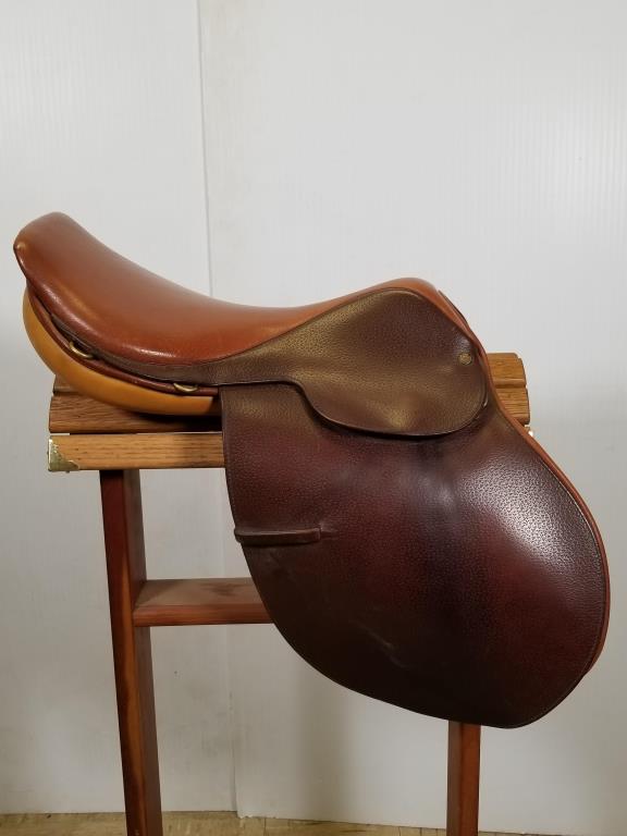 Crosby England all purpose English saddle two-tone: two-tone brown leather saddle. 18 inch seat. Saddle rack not included.