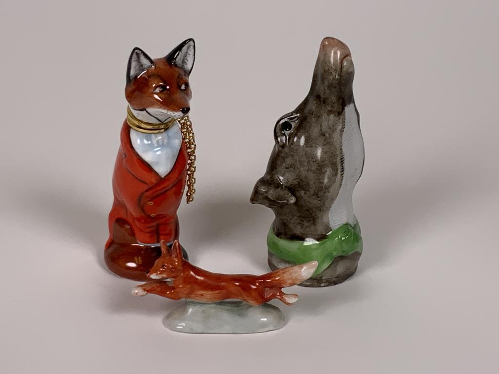 Mini Stirrup Cup, Stratford Scent Bottle & fox figurine;: figurine; dog mini stirrup cup, 3.25 inches tall, Royale Stratford hand painted fox scent bottle, 3.25 inches tall, fox running figurine, marked Germany on bottom, 1 inch tall, 2.25 inches wide.