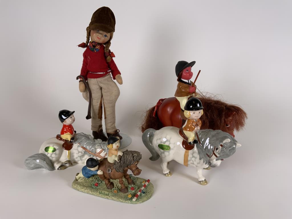 Thelwell figurines and doll includes Norman Thelwell: includes Norman Thelwell Kick Start 1982 figurine, 3.25 inches tall, Thelwell 1981 Beswick figurine, 4.5 inches tall, Thelwell 1986 Easy Jump First, 2.5 inches tall, plastic rider on horse and doll, 9