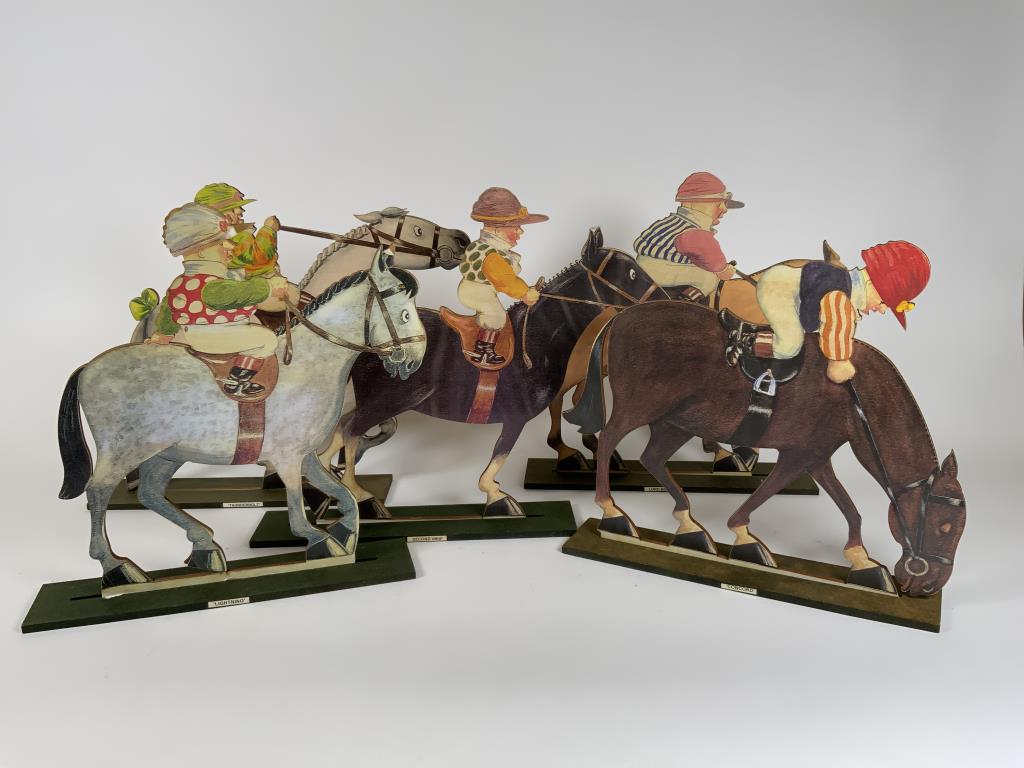 5 Duberry & Whatsit Jockey dummy boards wood, back: wood, back reads Duberry & Whatsit ENGLAND and artist, 10 - 11.5 inches tall. Unsure if bases are correct to tops. One has damage, condition of others as seen in photos - see photos.