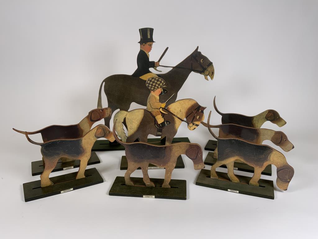 Duberry & Whatsit Sport Dog dummy boards wood, back: wood, back reads Duberry & Whatsit ENGLAND on the horse and rider ones, dogs are unmarked, 8.75 - 12 inches tall. Unsure if bases are correct to tops.