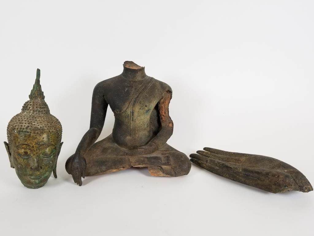 Three pieces Asian bronze headless seated figure, head: headless seated figure, head in pointed headdress and large single hand. Seated figure is 7 inches tall x 8 inches wide x 4 inches deep, some damage, see photos. Head measures 7 inches tall, damaged l