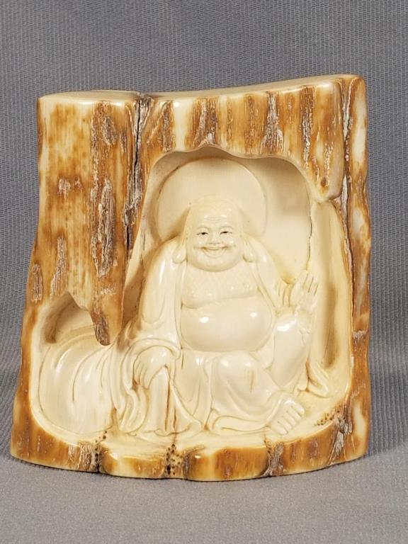 Carved figure of laughing seated Buddha detailed: detailed carving, 3.25 inches tall x 3.25 inches wide x 1.75 inches deep