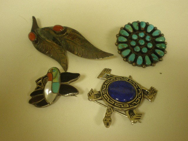 Lot of 4 silver pins incl turtle w/blue stone shel: Lot of 4 silver pins incl turtle w/blue stone shell, double leaves w/coral stones, 1 1/4" turquoise circle, multi stone inlaid bird signed Wesley Ella L. Gia (few stones missing)