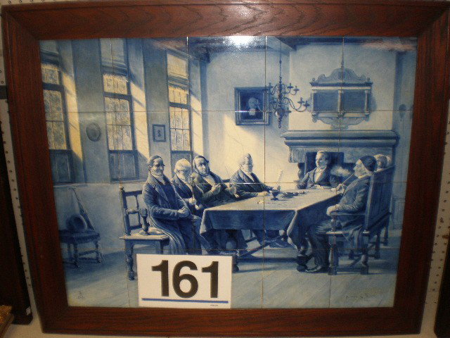 Framed Delft cobalt scenic wall plaque. Consistin: Framed Delft cobalt scenic wall plaque. Consisting of 20 tiles, Scene of eight gentleman seated at table, approx. plaque size is 24 1/2" x 30 1/2", signature appears to be "JS naur J Hinks AA", crazin