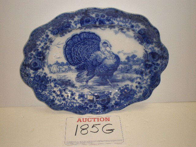 Ridgeways flo blue turkey platter. 20" x 16", flo: Ridgeways flo blue turkey platter. 20" x 16", floral border with center gobbler.
